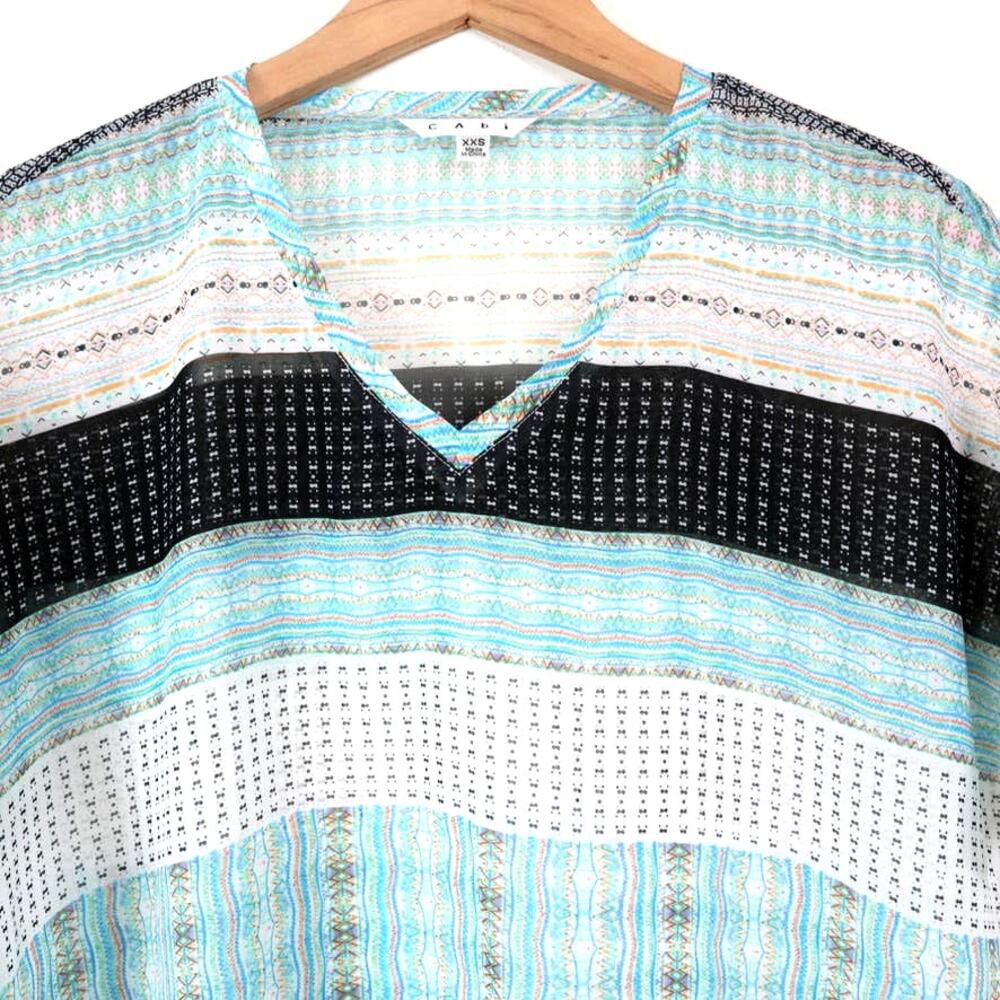 Cabi Size XXS Oversize Sheer Blouse 328 Short Sleeve Stripe Aqua Blue - Picture 4 of 10